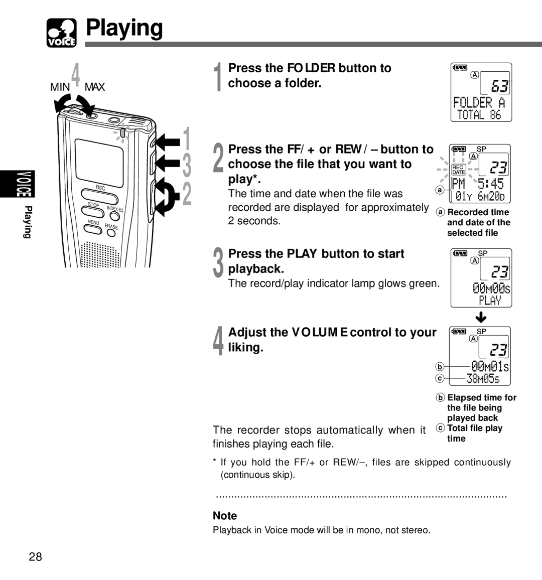 Olympus DM-1 manual Playing, Press the Play button to start playback, Adjust the Volume control to your liking 