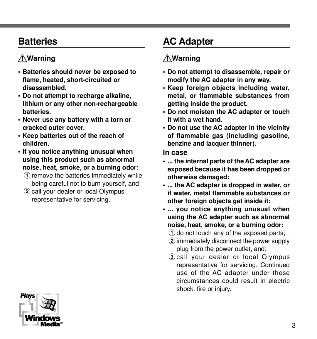 Olympus DM-1 manual Batteries, AC Adapter, Case 