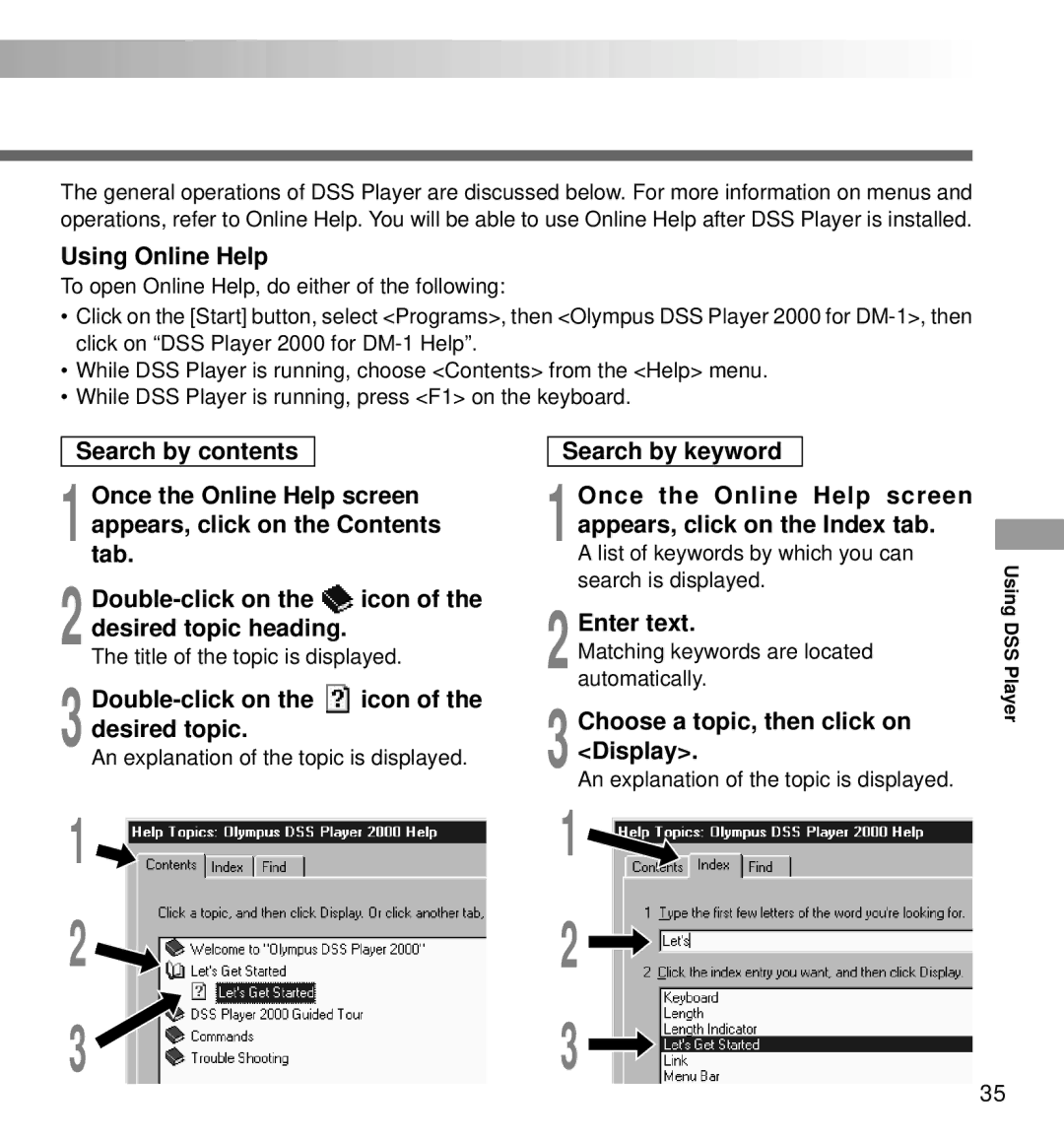 Olympus DM-1 manual Using Online Help, Double-click on the icon of the desired topic, Enter text 