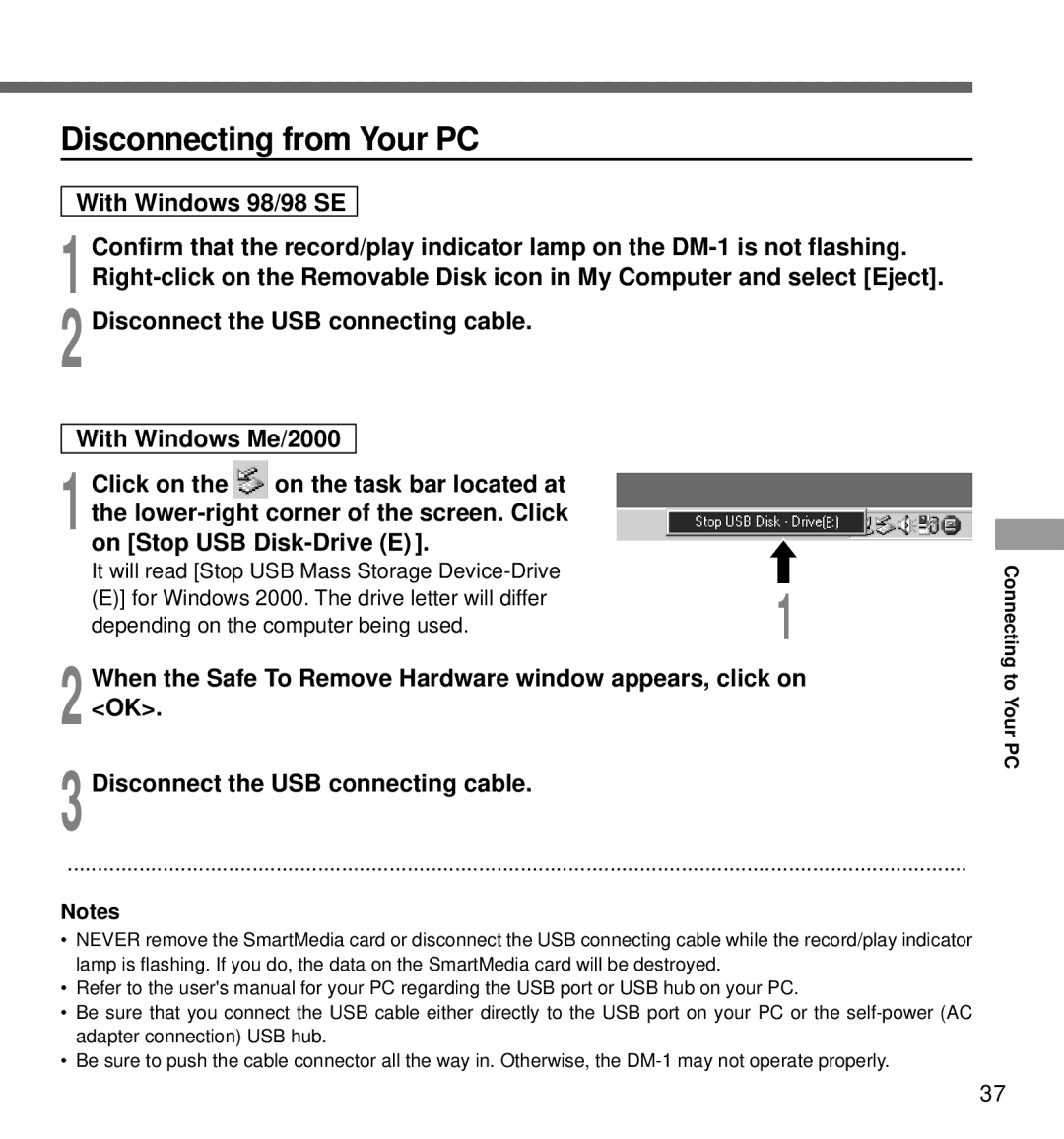 Olympus DM-1 manual Disconnecting from Your PC, On Stop USB Disk-Drive E 