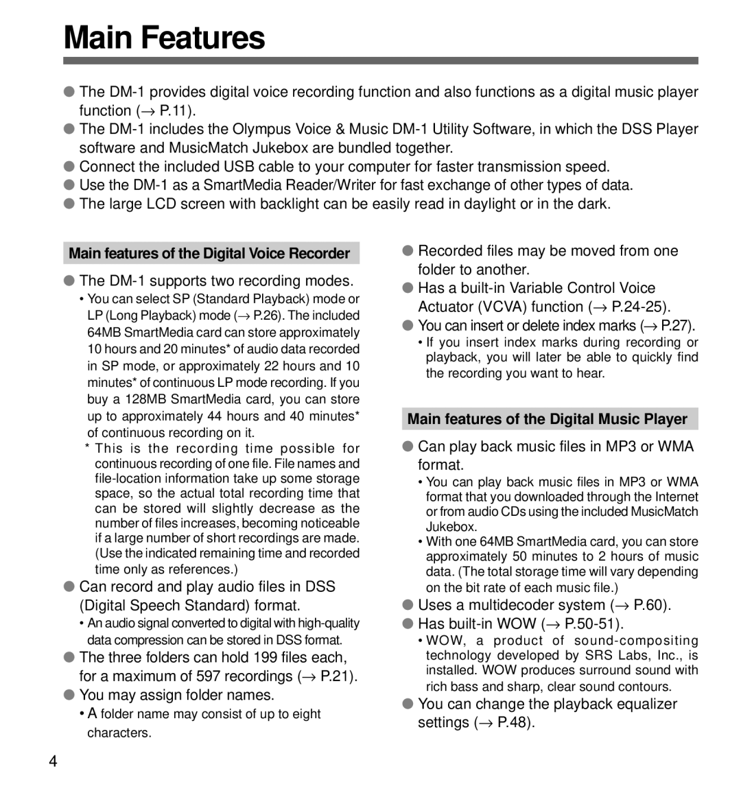 Olympus DM-1 manual Main Features, Main features of the Digital Voice Recorder, Main features of the Digital Music Player 