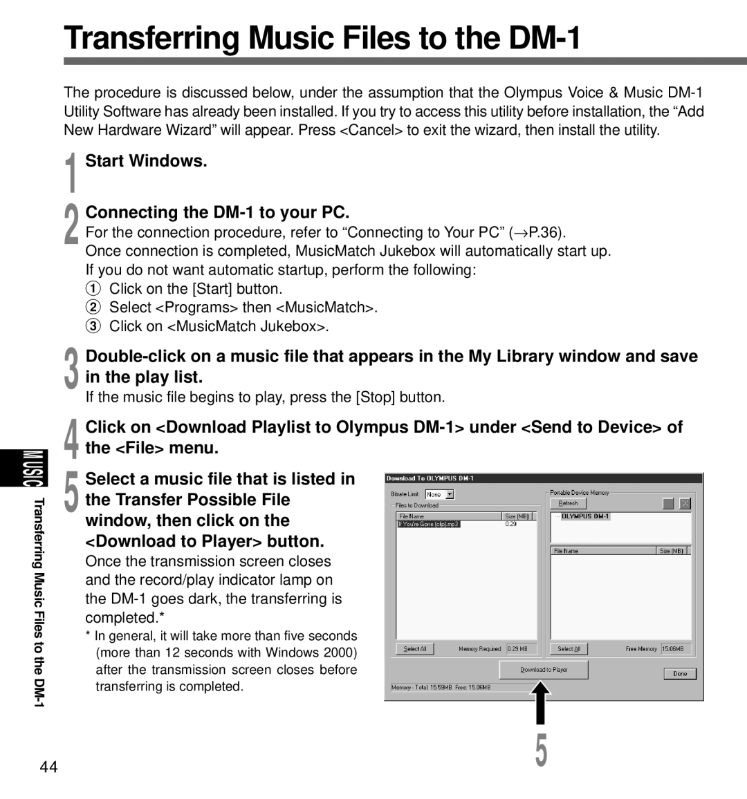 Olympus manual Transferring Music Files to the DM-1, Start Windows Connecting the DM-1 to your PC 