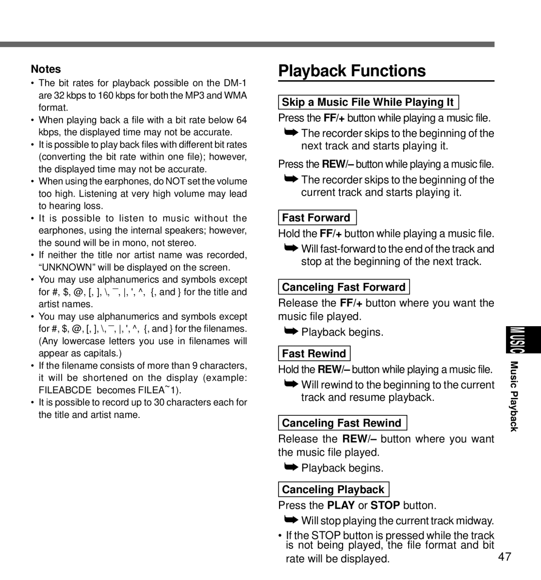 Olympus DM-1 manual Skip a Music File While Playing It, Canceling Fast Forward 