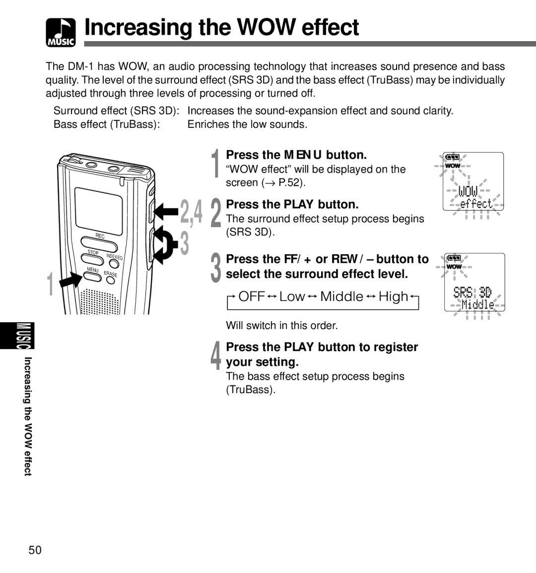 Olympus DM-1 Increasing the WOW effect, Select the surround effect level, Press the Play button to register your setting 