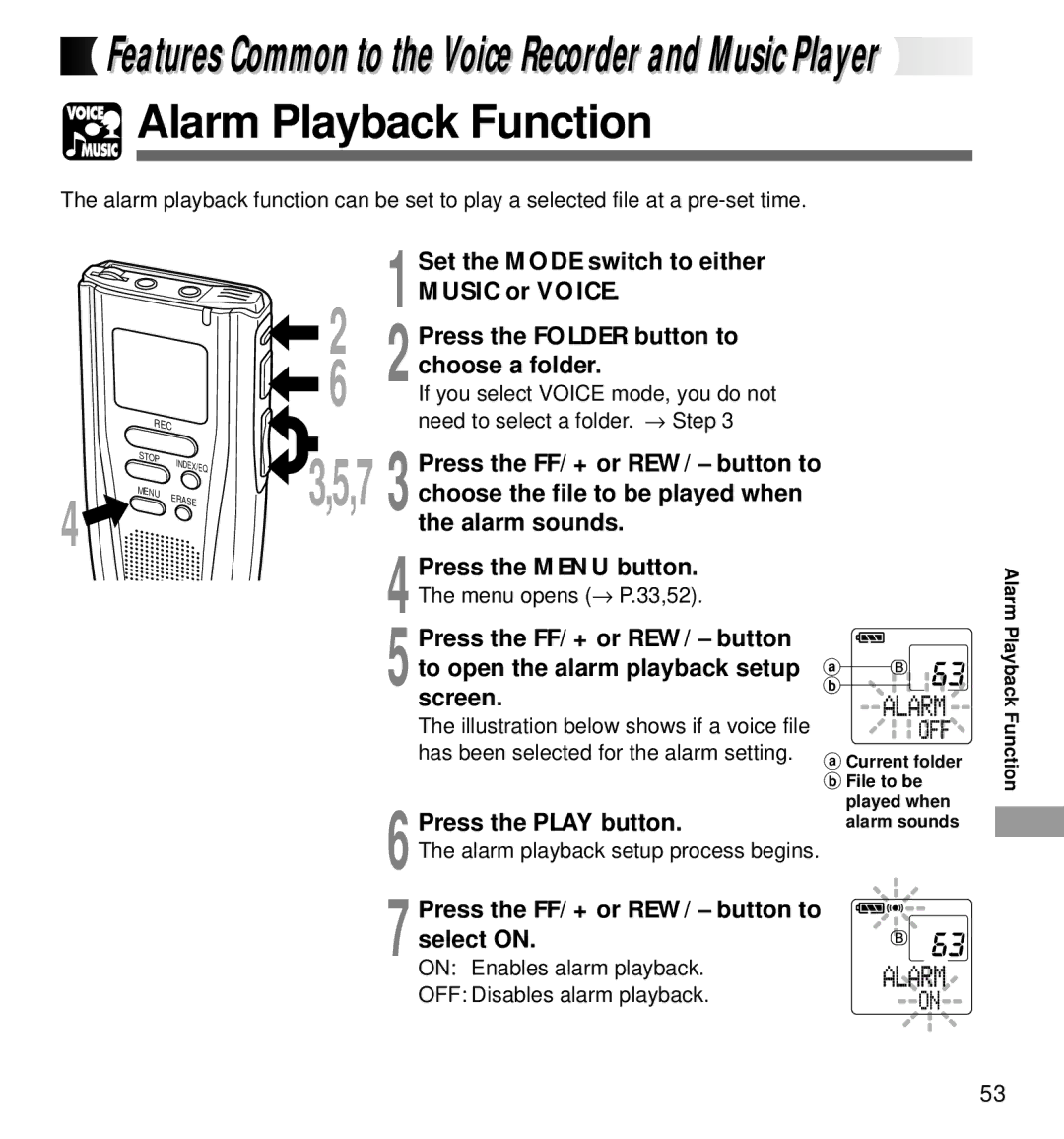 Olympus DM-1 manual Alarm Playback Function, Alarm sounds Press the Menu button, Screen 