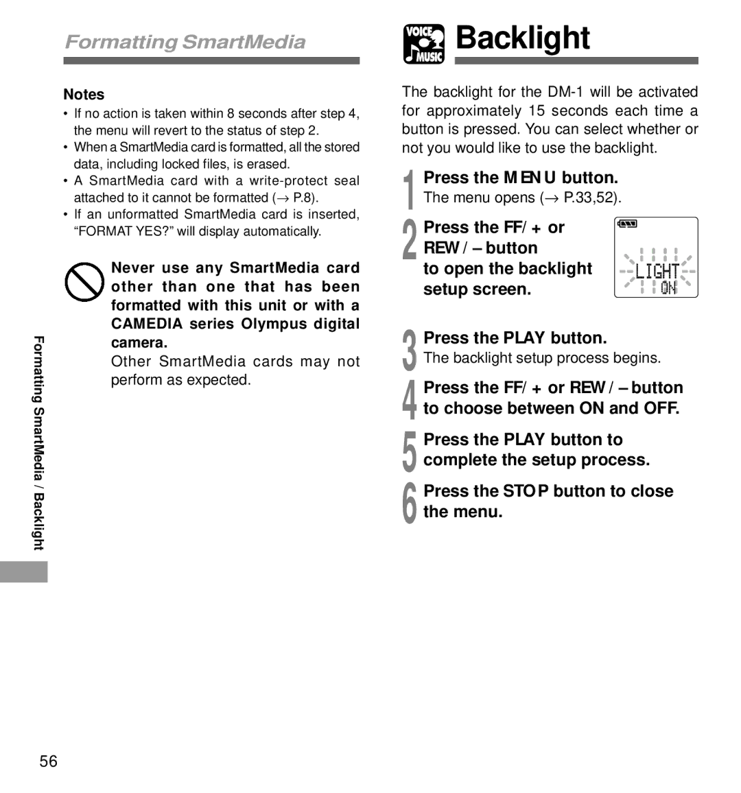 Olympus DM-1 manual Backlight, Press the FF/+ or REW/- button to choose between on and OFF, Formattingcamera 