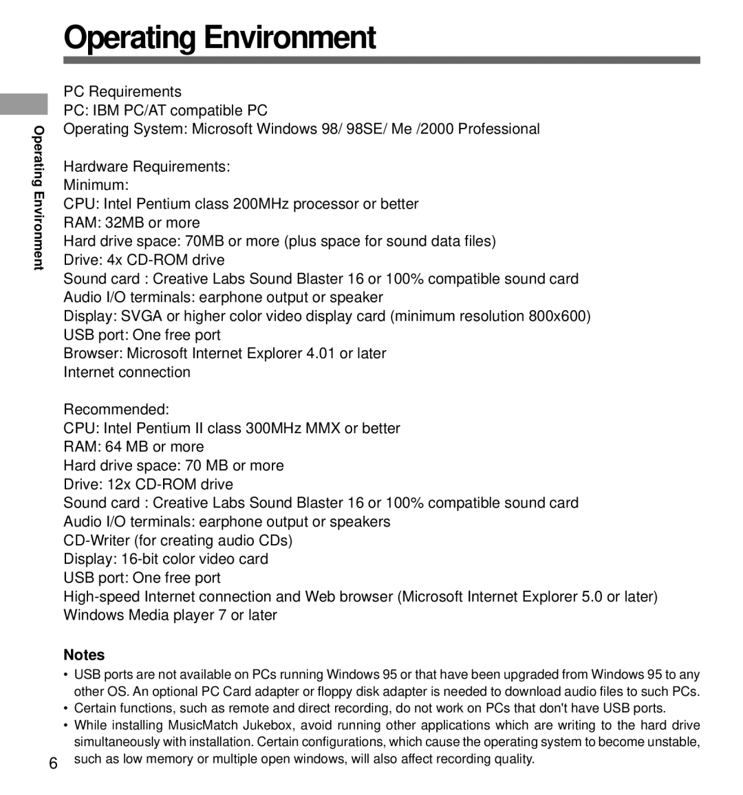 Olympus DM-1 manual Operating Environment 