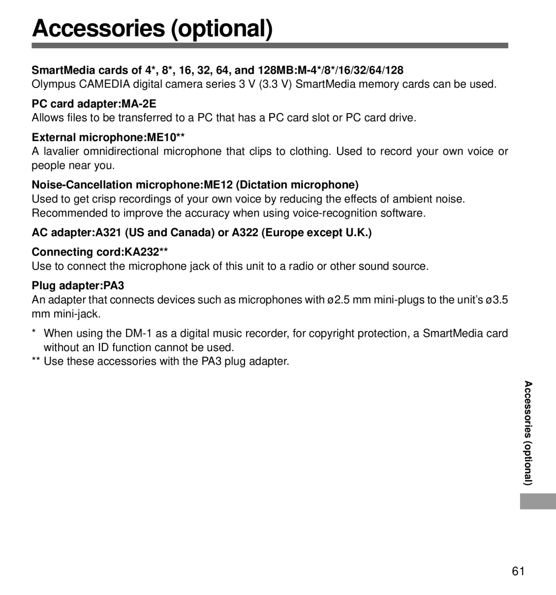 Olympus DM-1 manual Accessories optional, PC card adapterMA-2E, External microphoneME10, Plug adapterPA3 