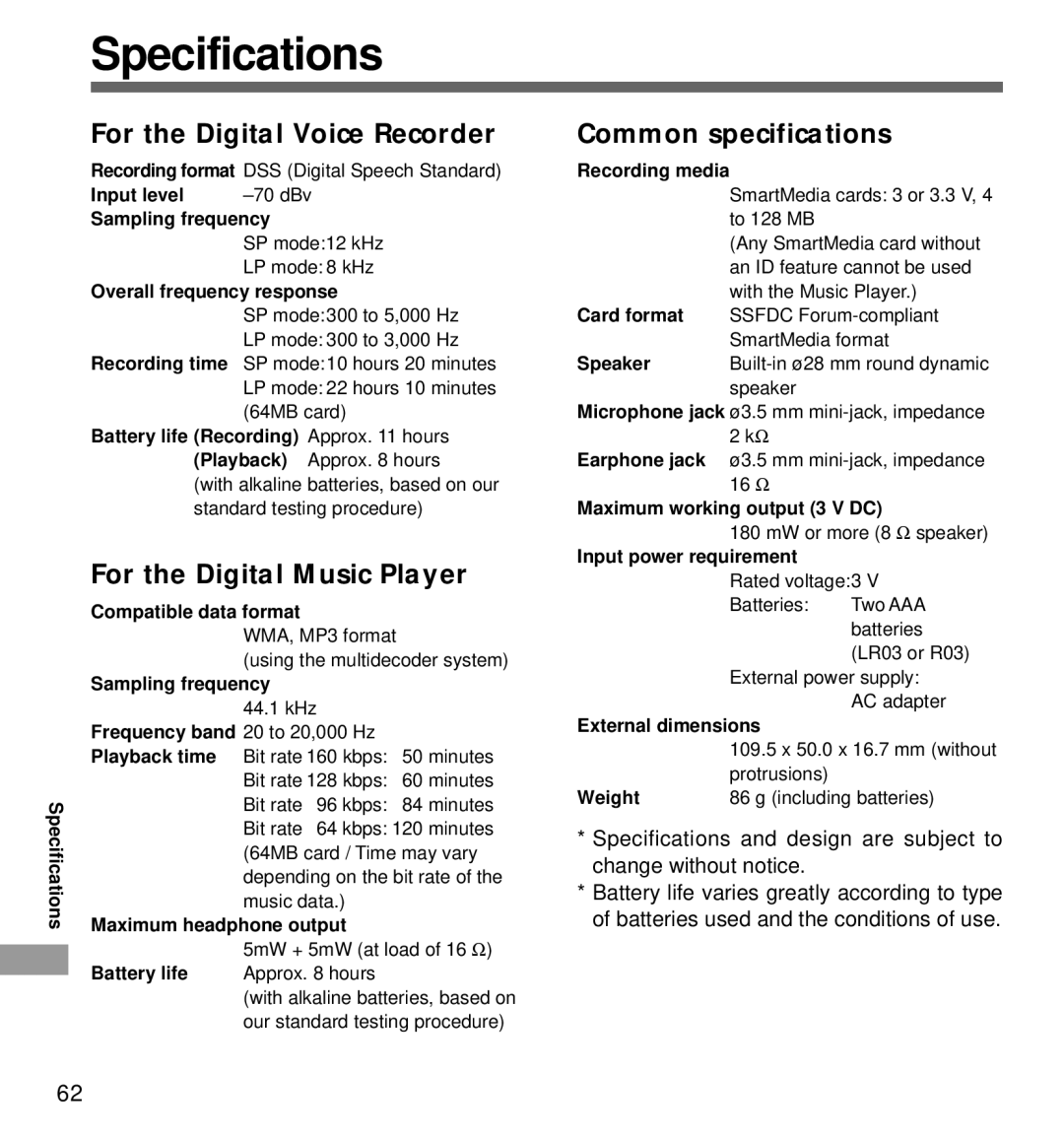 Olympus DM-1 manual Specifications 