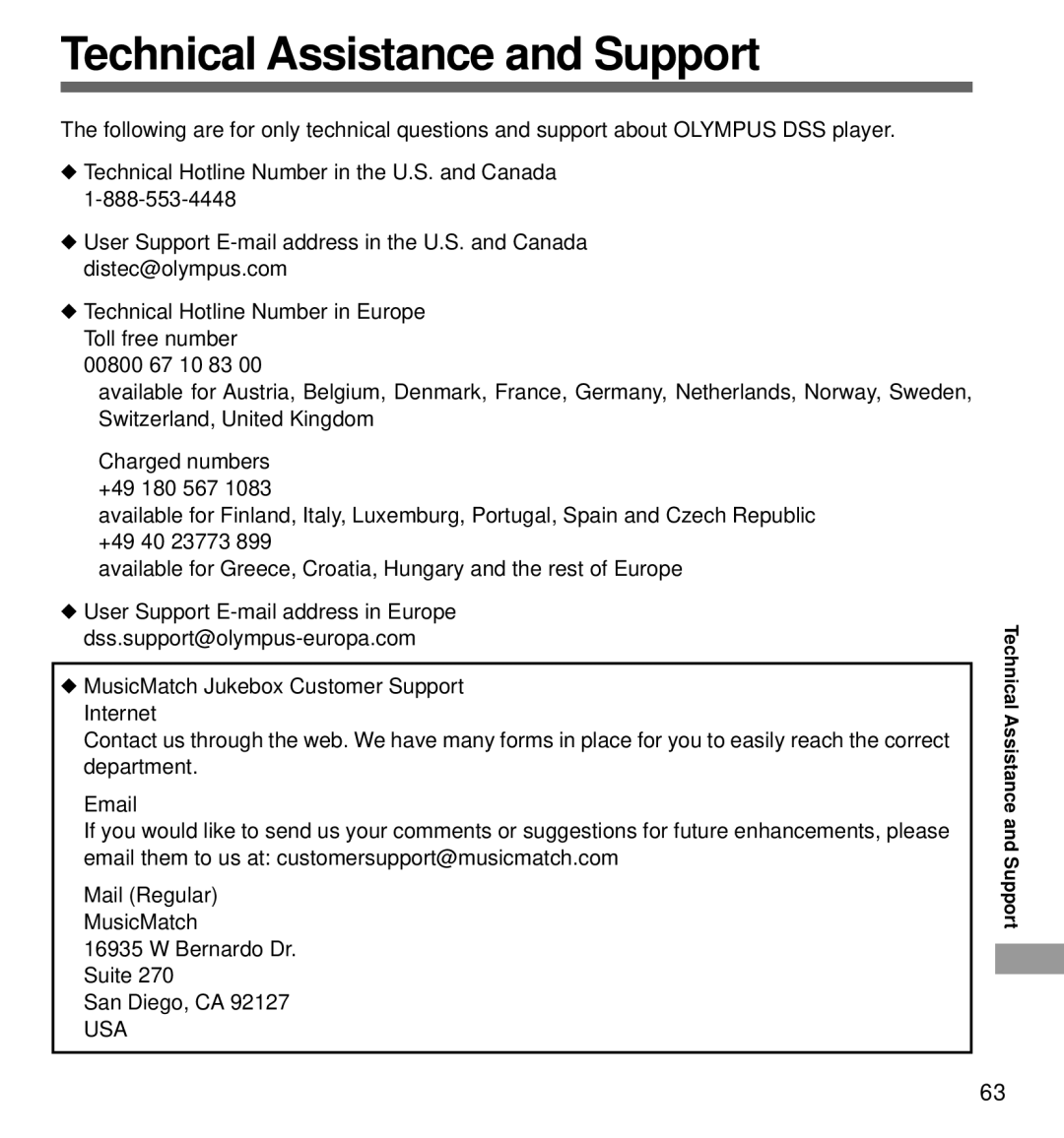 Olympus DM-1 manual Technical Assistance and Support 