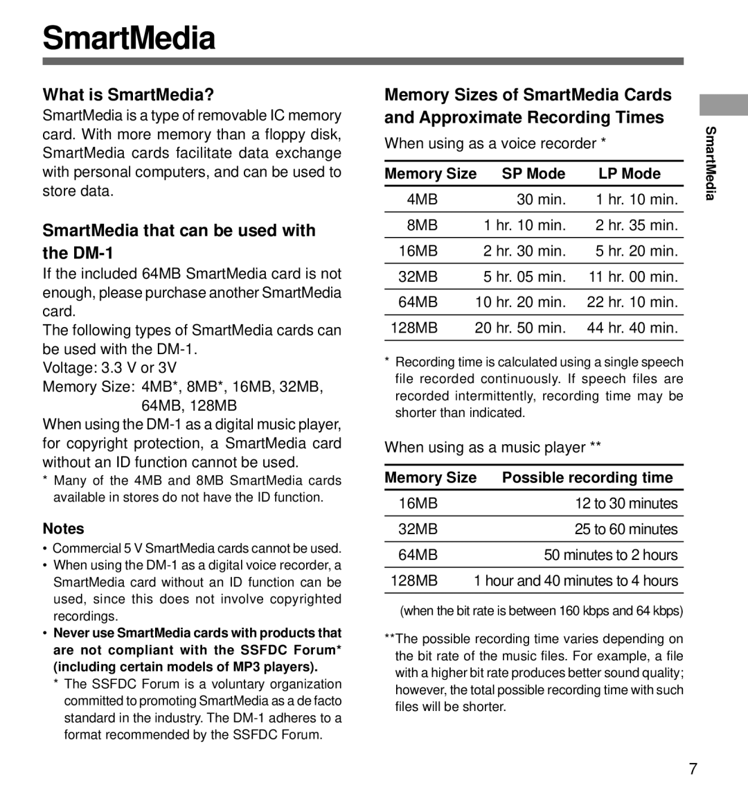 Olympus manual What is SmartMedia?, SmartMedia that can be used with the DM-1, Memory Size SP Mode LP Mode 