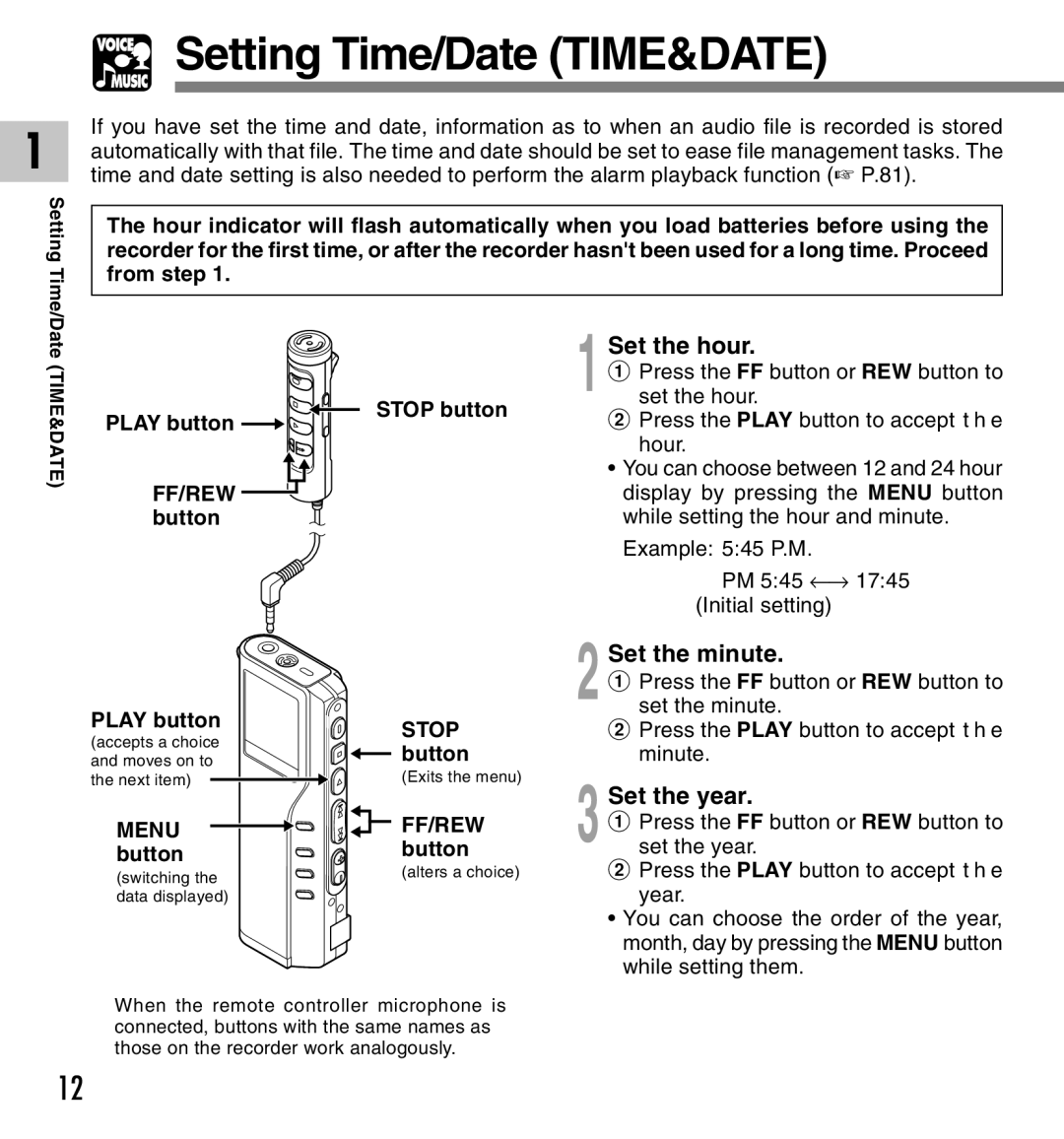 Olympus DM-10, DM-20 manual Setting Time/Date TIME&DATE, Set the hour, Set the minute, Set the year 