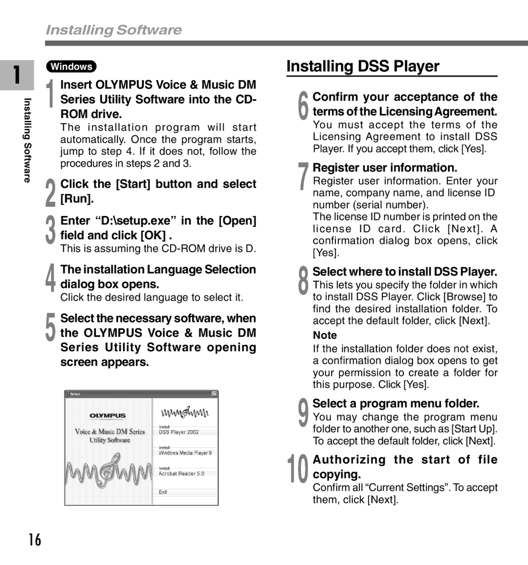 Olympus DM-10, DM-20 manual Installing Software, Installation Language Selection dialog box opens 