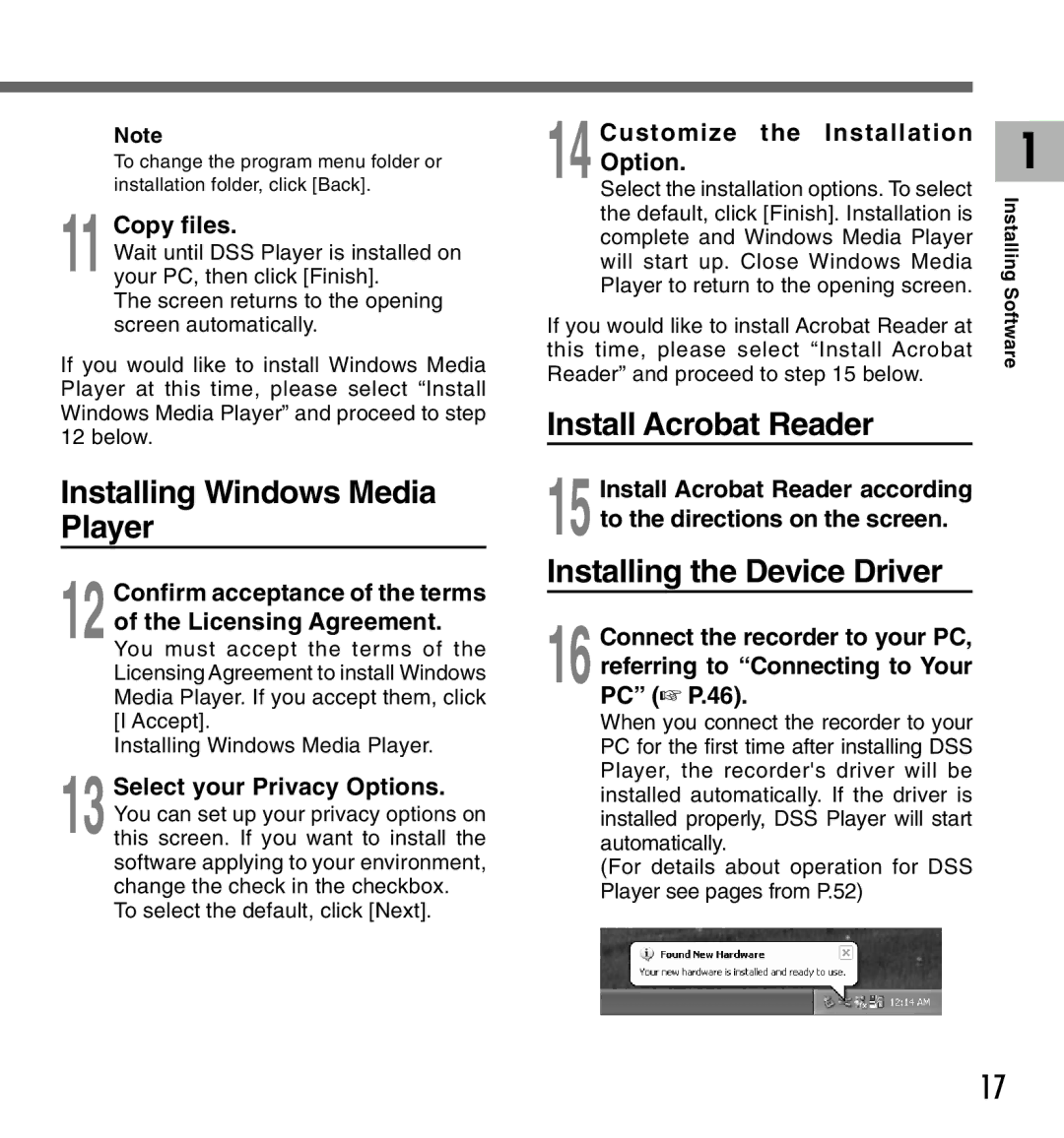 Olympus DM-20, DM-10 Installing Windows Media Player, Install Acrobat Reader, Installing the Device Driver, Copy files 