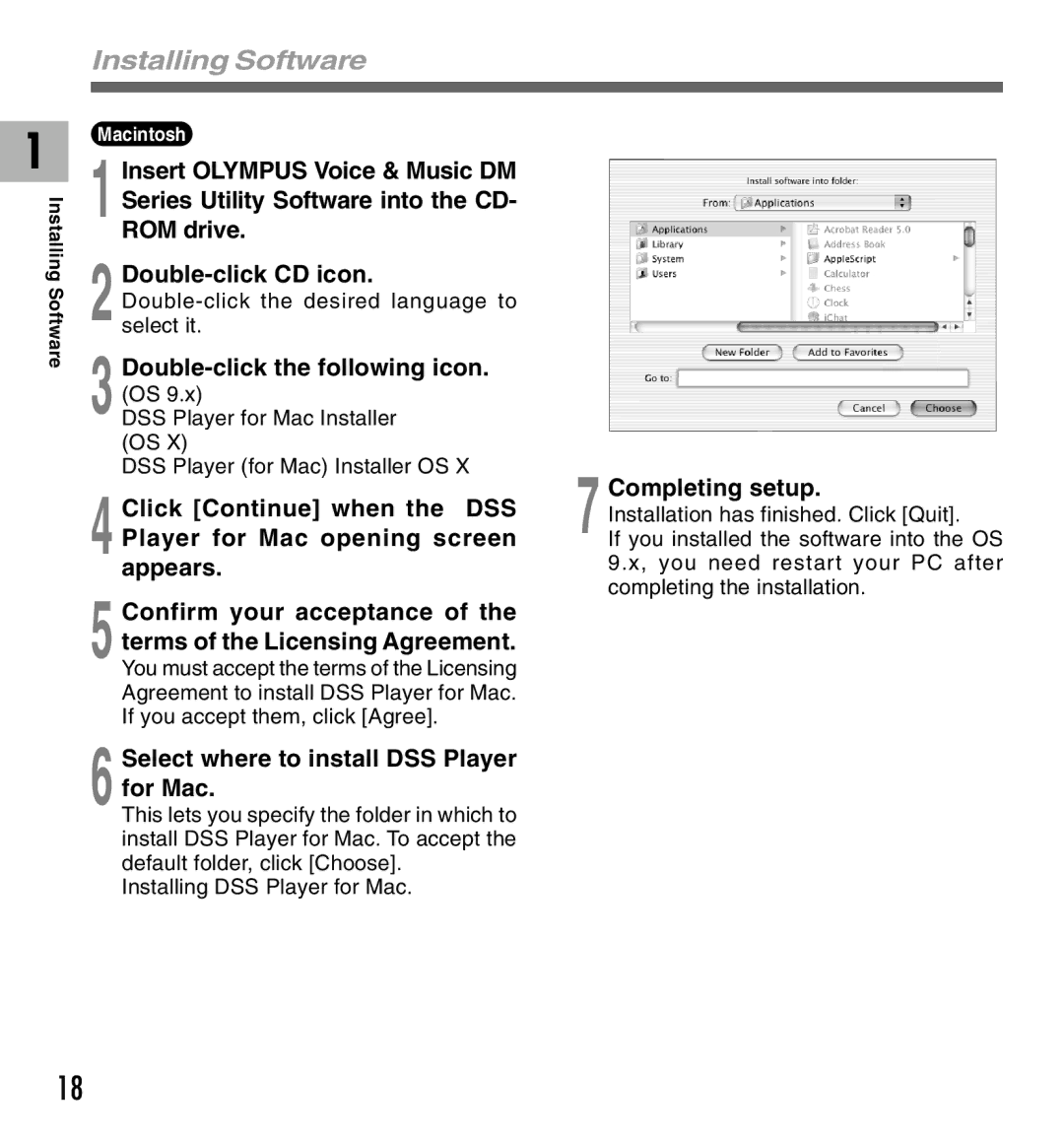 Olympus DM-10, DM-20 manual Select where to install DSS Player for Mac, Completing setup 