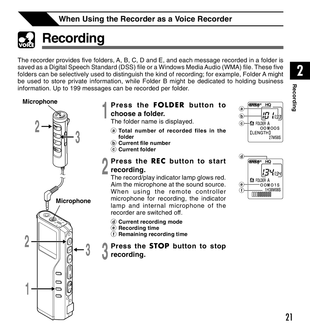 Olympus DM-20, DM-10 manual Recording, Press the Folder button to choose a folder, Press the REC button to start recording 