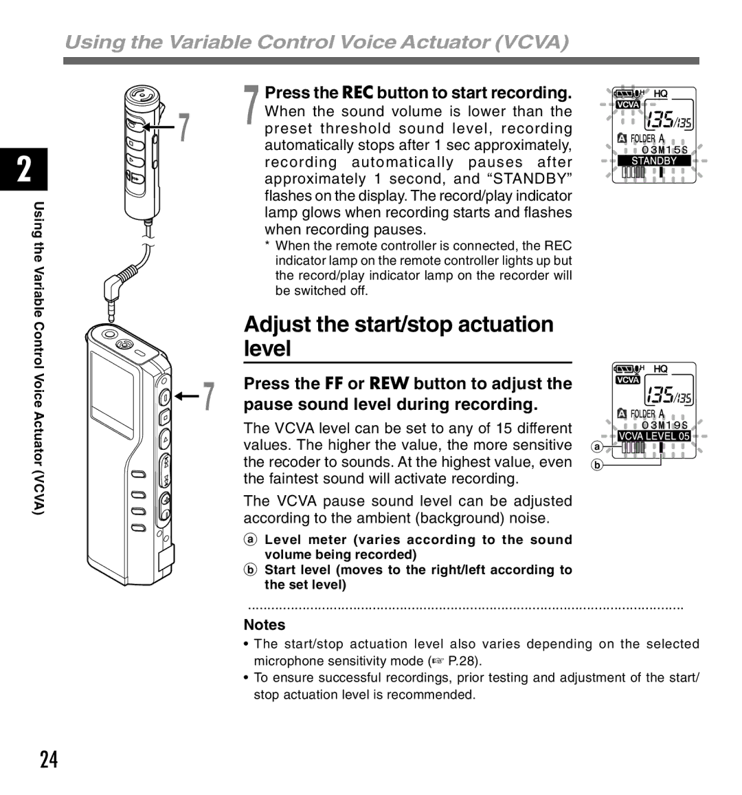 Olympus DM-10, DM-20 manual Adjust the start/stop actuation level, Using the Variable Control Voice Actuator Vcva 