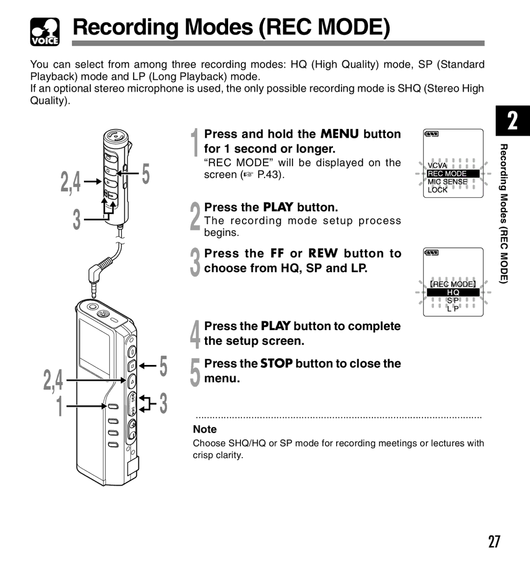 Olympus DM-20 Recording Modes REC Mode, 3Press the FF or REW button to choose from HQ, SP and LP, 4the setup screen, 5menu 