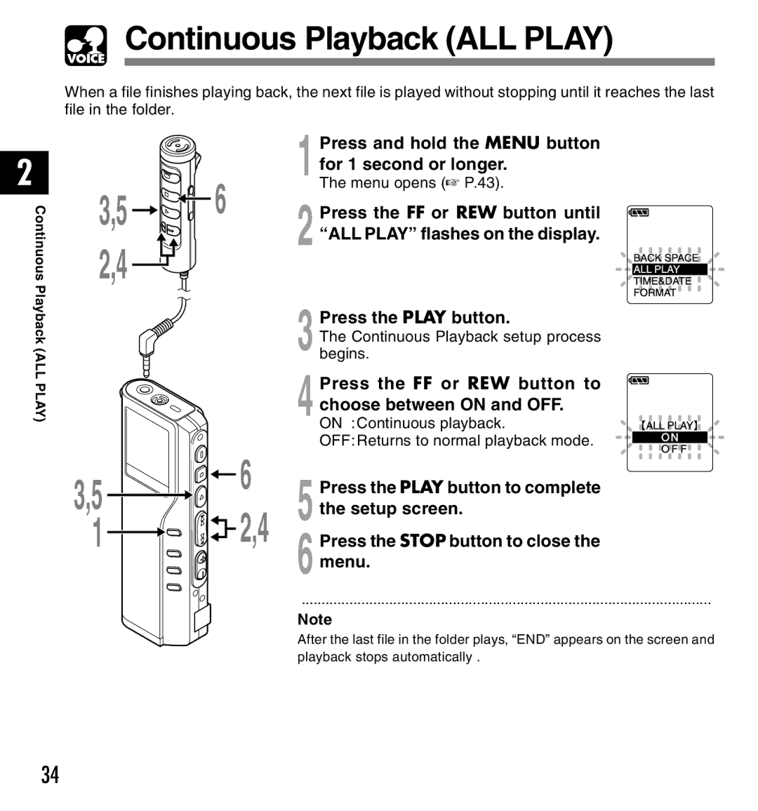 Olympus DM-10, DM-20 manual Continuous Playback ALL Play, Choose between on and OFF, Setup screen, Menu 