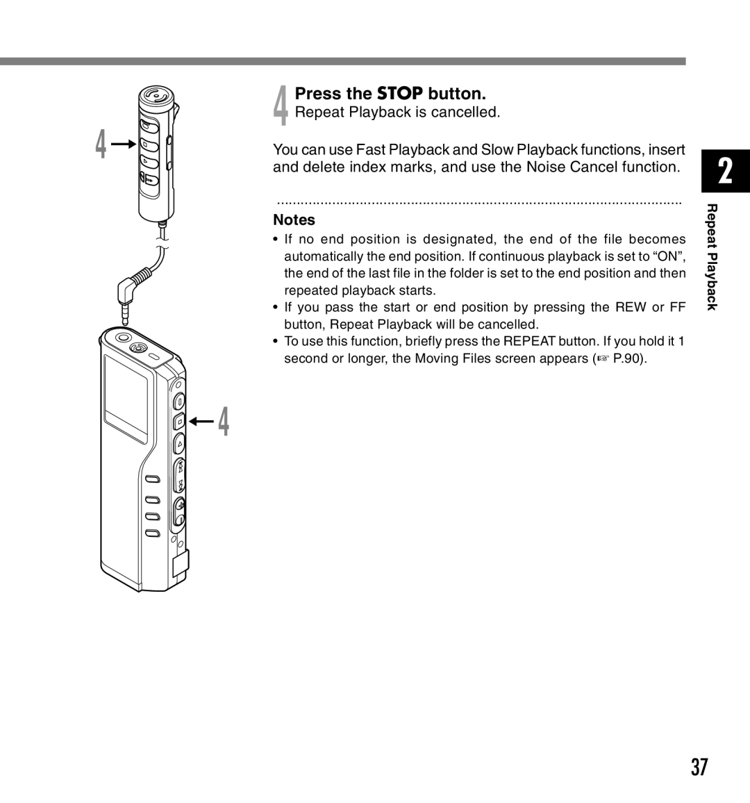 Olympus DM-20, DM-10 manual Press the Stop button. Repeat Playback is cancelled 