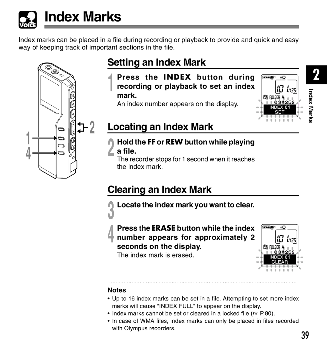 Olympus DM-20, DM-10 manual Index Marks, Setting an Index Mark, Locating an Index Mark, Clearing an Index Mark 