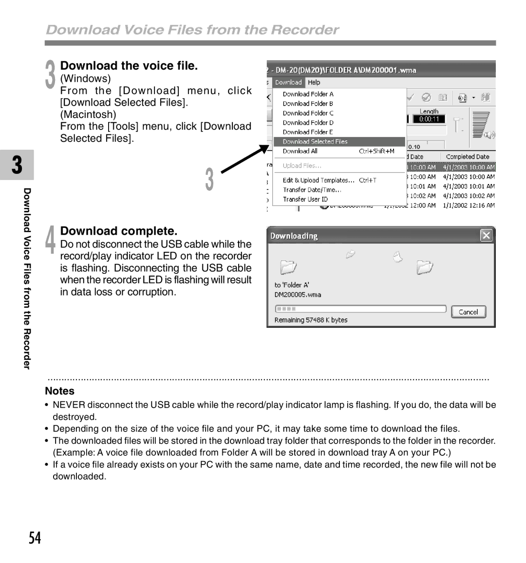 Olympus DM-10, DM-20 manual Download Voice Files from the Recorder, Download complete 