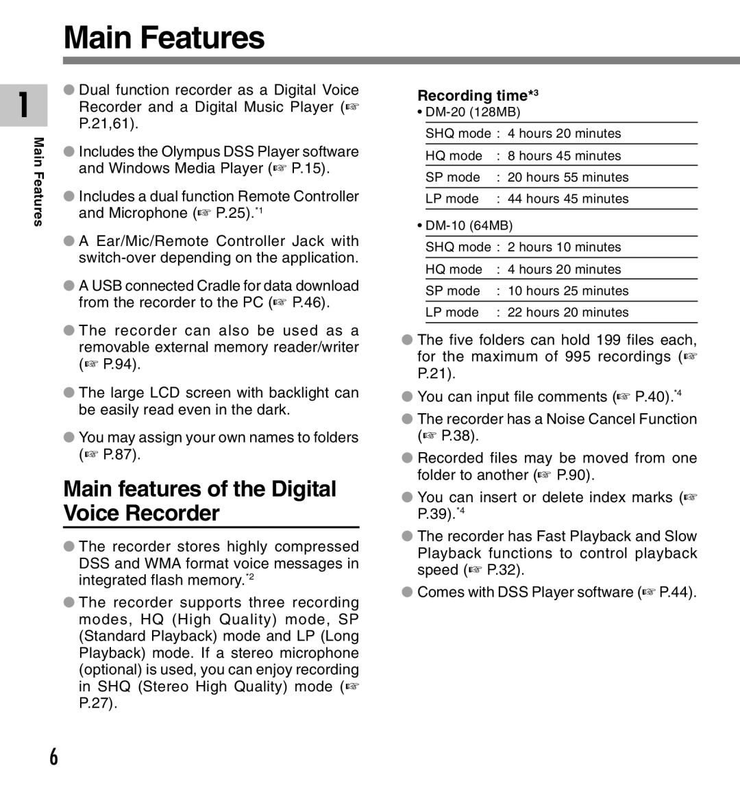 Olympus DM-10, DM-20 manual Main Features, Main features of the Digital Voice Recorder, Recording time*3 