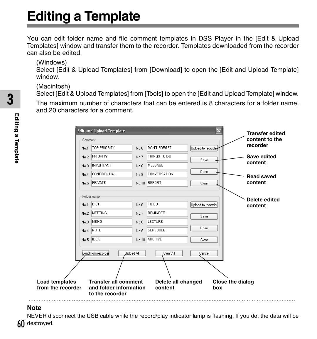 Olympus DM-10, DM-20 manual Editing a Template 