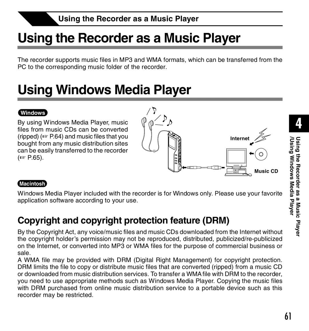 Olympus DM-20, DM-10 manual Using the Recorder as a Music Player, Using Windows Media Player 