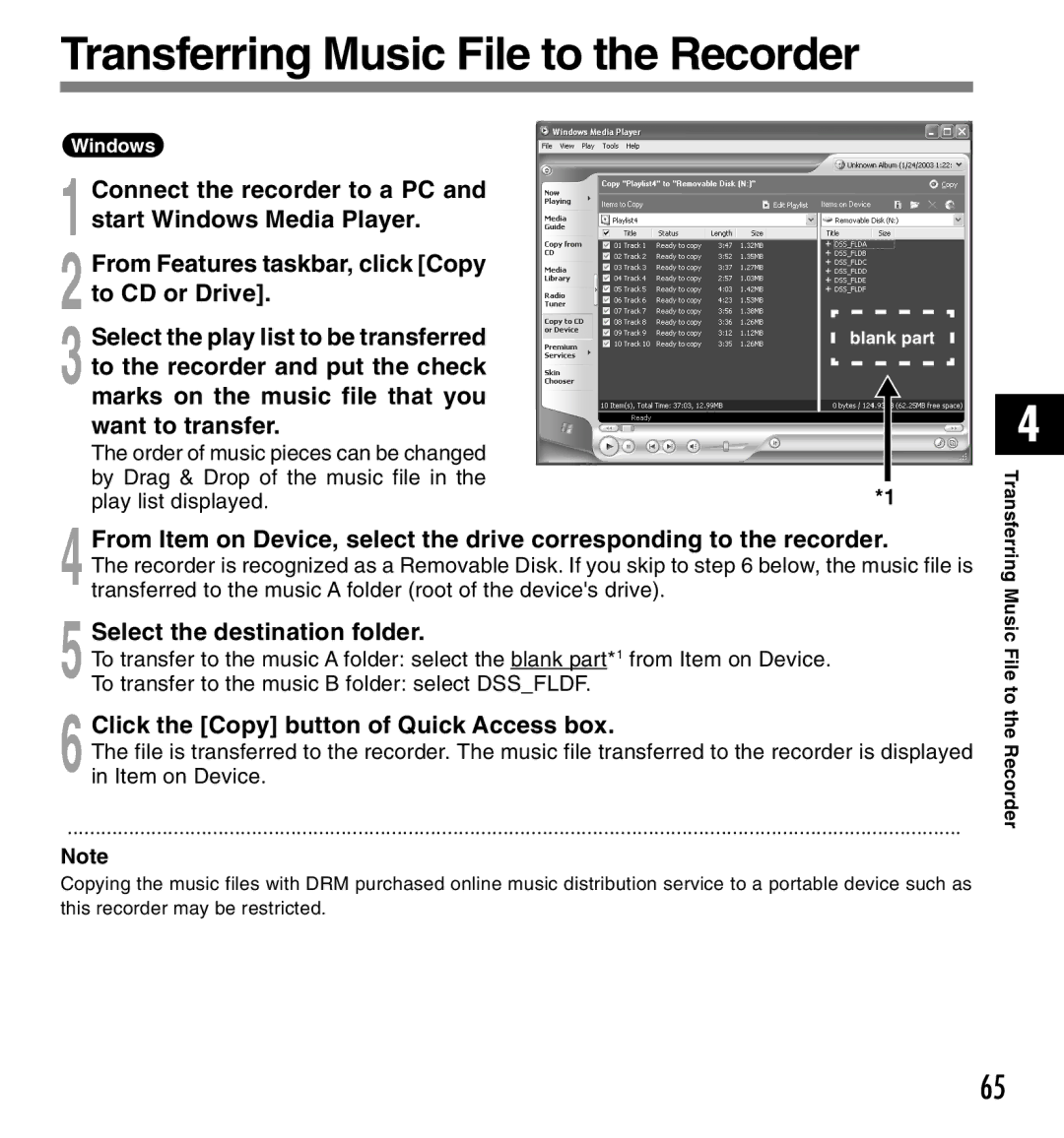 Olympus DM-20, DM-10 manual Transferring Music File to the Recorder, Select the destination folder 