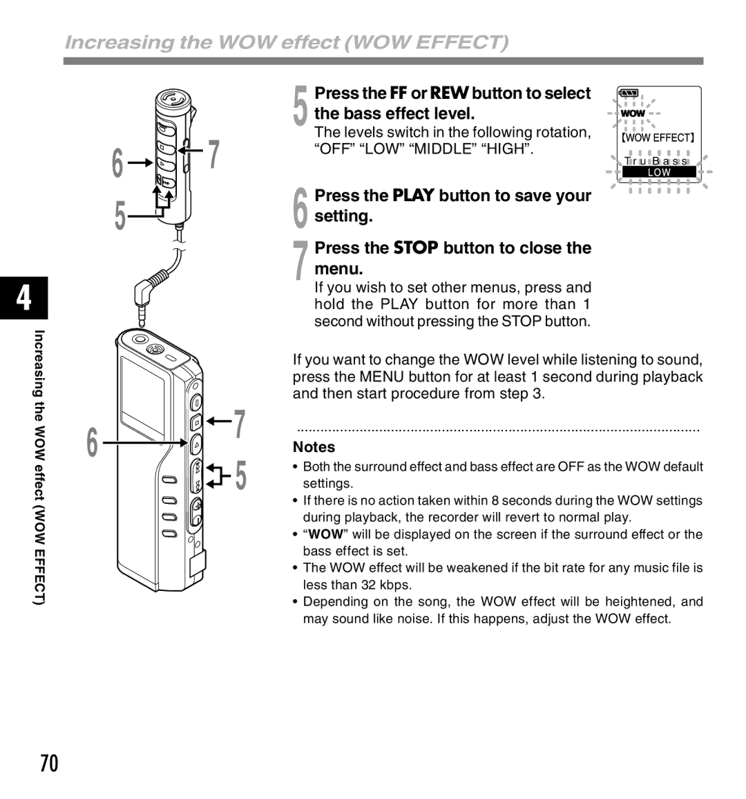 Olympus DM-10 manual Increasing the WOW effect WOW Effect, Press the FF or REW button to select, Bass effect level, Setting 