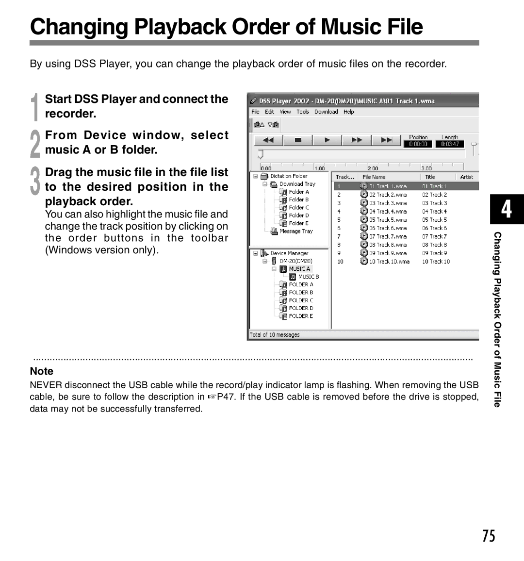 Olympus DM-20, DM-10 manual Changing Playback Order of Music File 