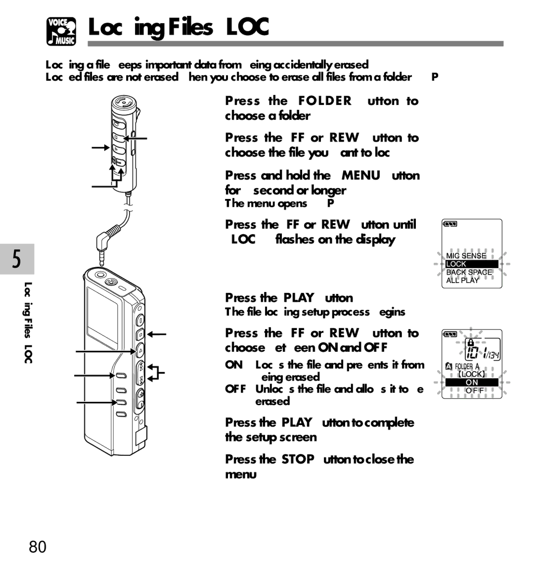 Olympus DM-10, DM-20 manual 8 2,4,6, Locking Files Lock 