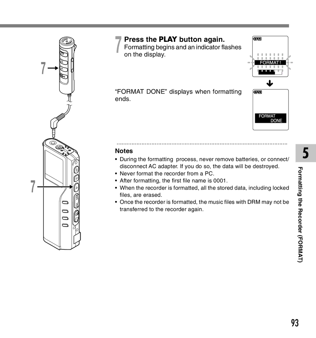 Olympus DM-20, DM-10 manual Never format the recorder from a PC 