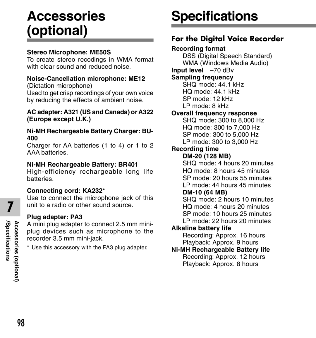 Olympus DM-10, DM-20 manual Specifications 