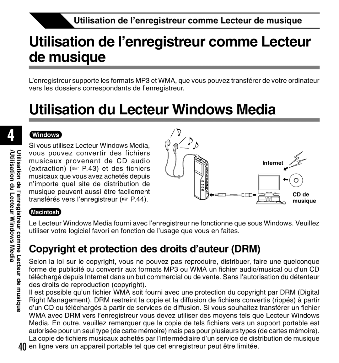 Olympus DM-10, DM-20 manual Utilisation de l’enregistreur comme Lecteur de musique, Utilisation du Lecteur Windows Media 