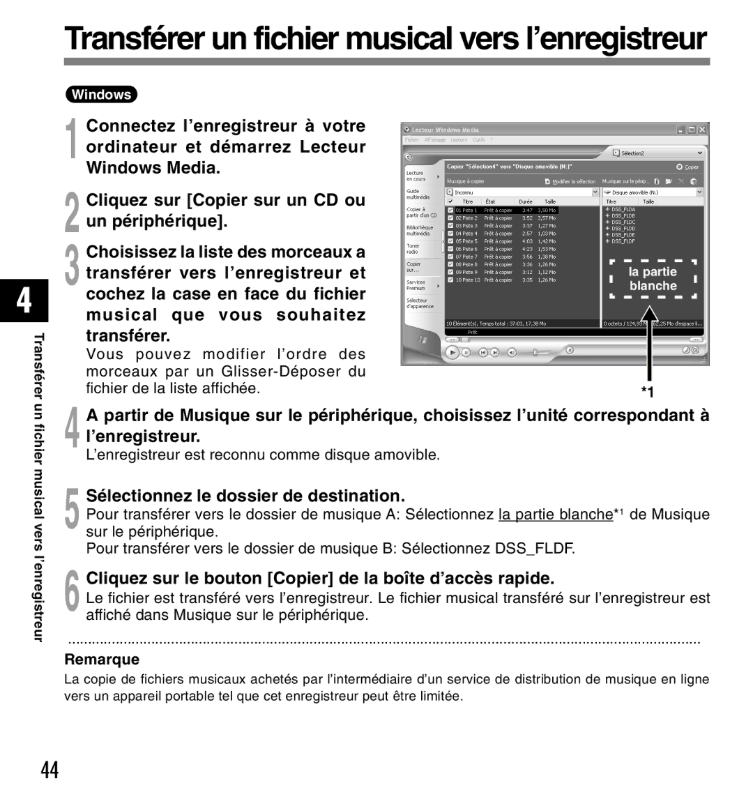 Olympus DM-10, DM-20 manual Transférer vers l’enregistreur et, Sélectionnez le dossier de destination 