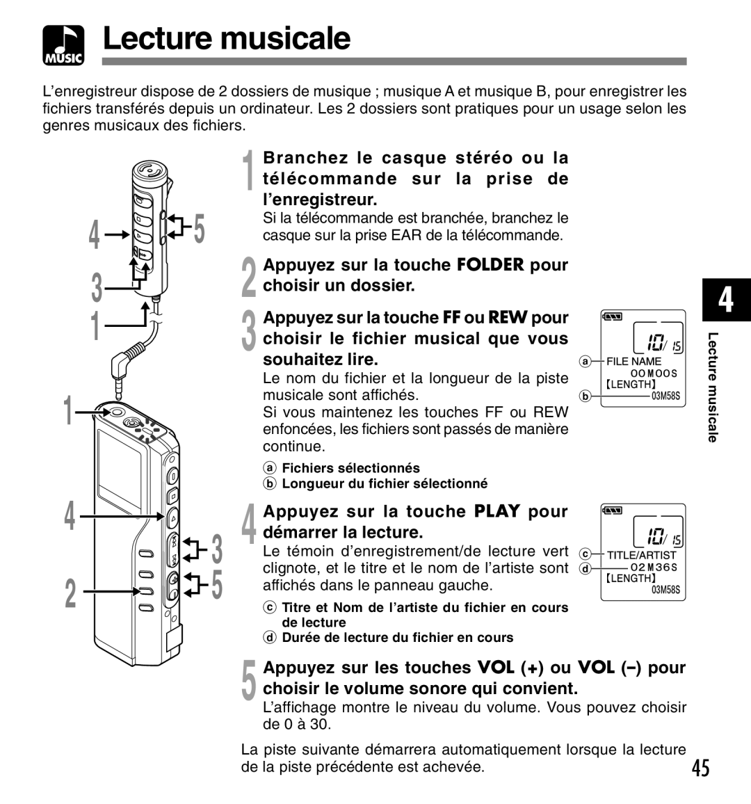 Olympus DM-20, DM-10 manual Lecture musicale, Appuyez sur la touche Play pour démarrer la lecture 