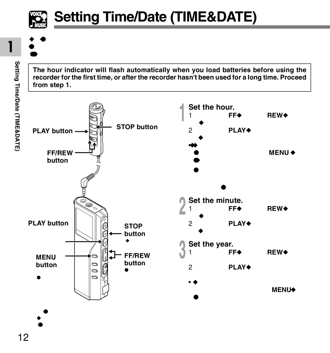 Olympus DM-10, DM-20 manual Setting Time/Date TIME&DATE, Set the hour, Set the minute, Set the year 