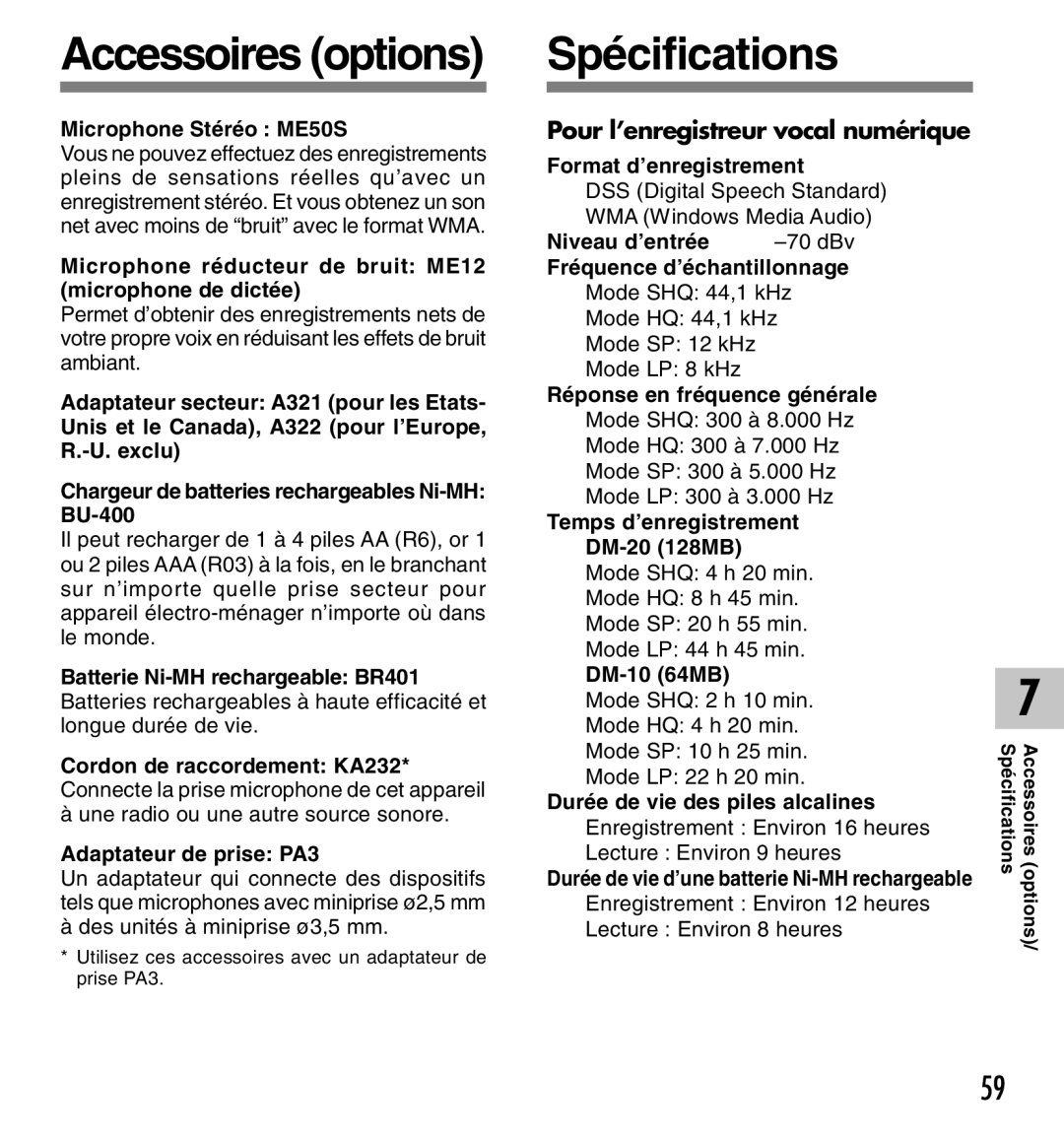 Olympus DM-20, DM-10 manual Spécifications 