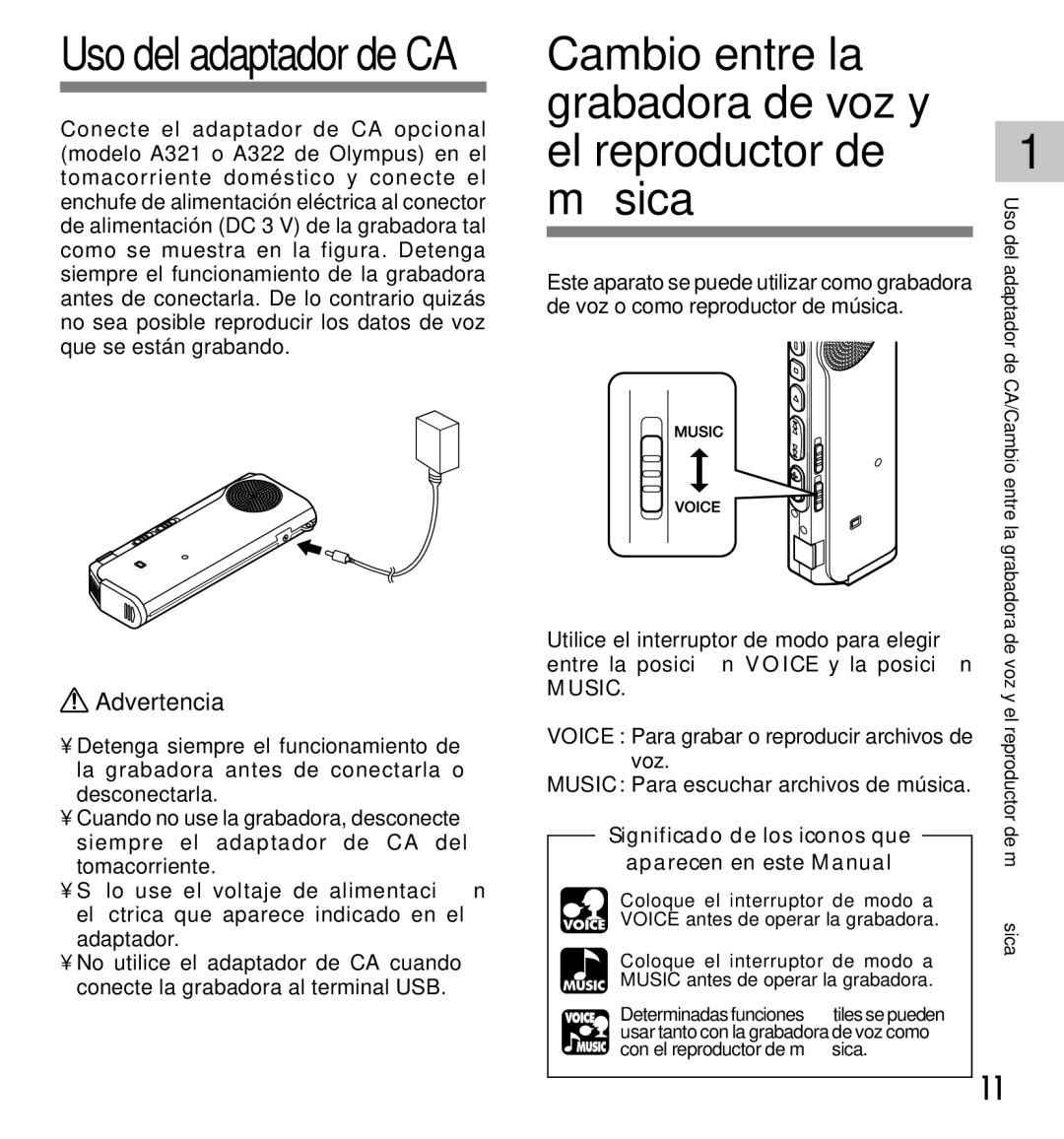 Olympus DM-20, DM-10 manual Cambio entre la grabadora de voz y el reproductor de música, Uso del adaptador de CA 