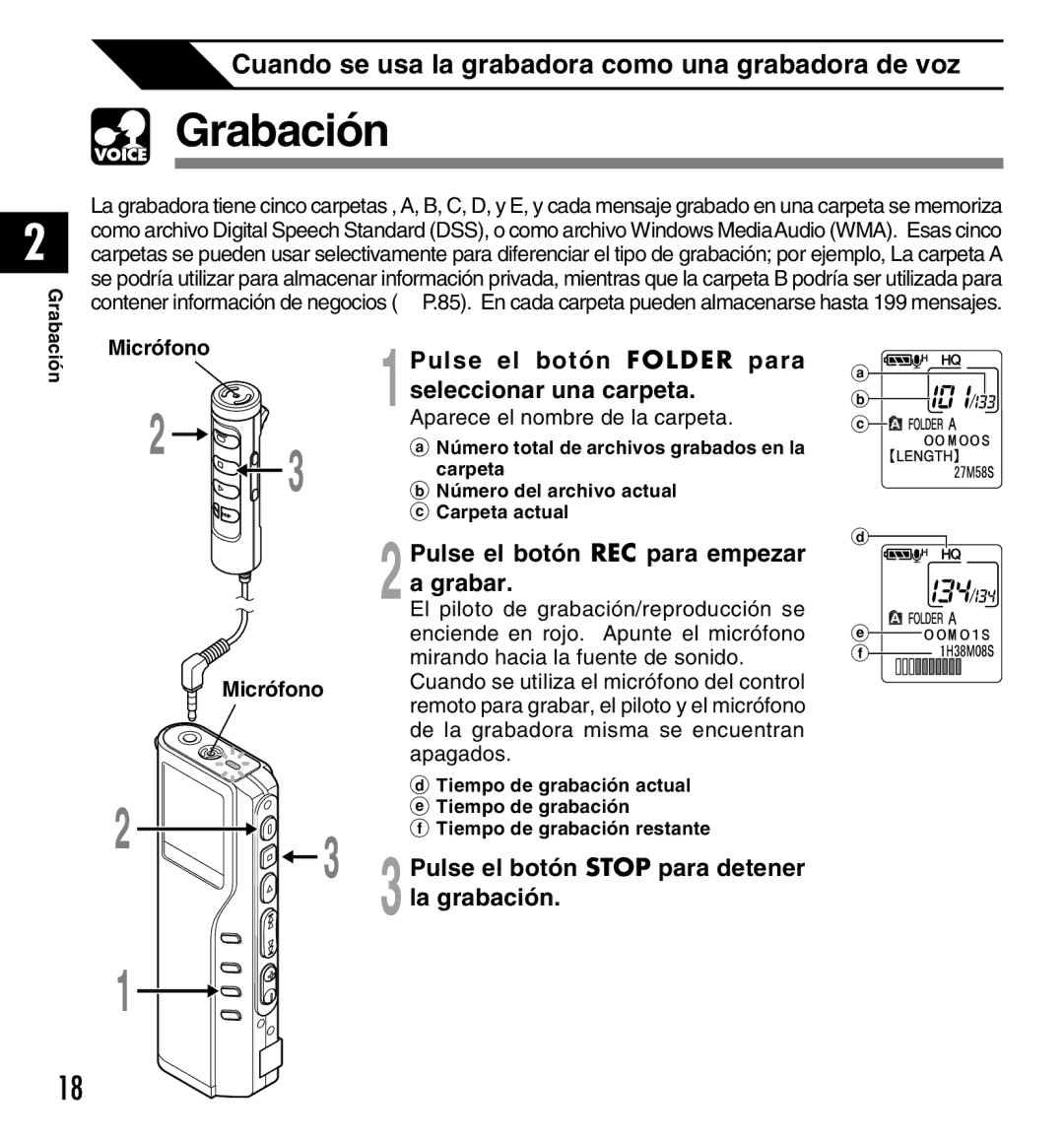 Olympus DM-10, DM-20 manual Grabación 