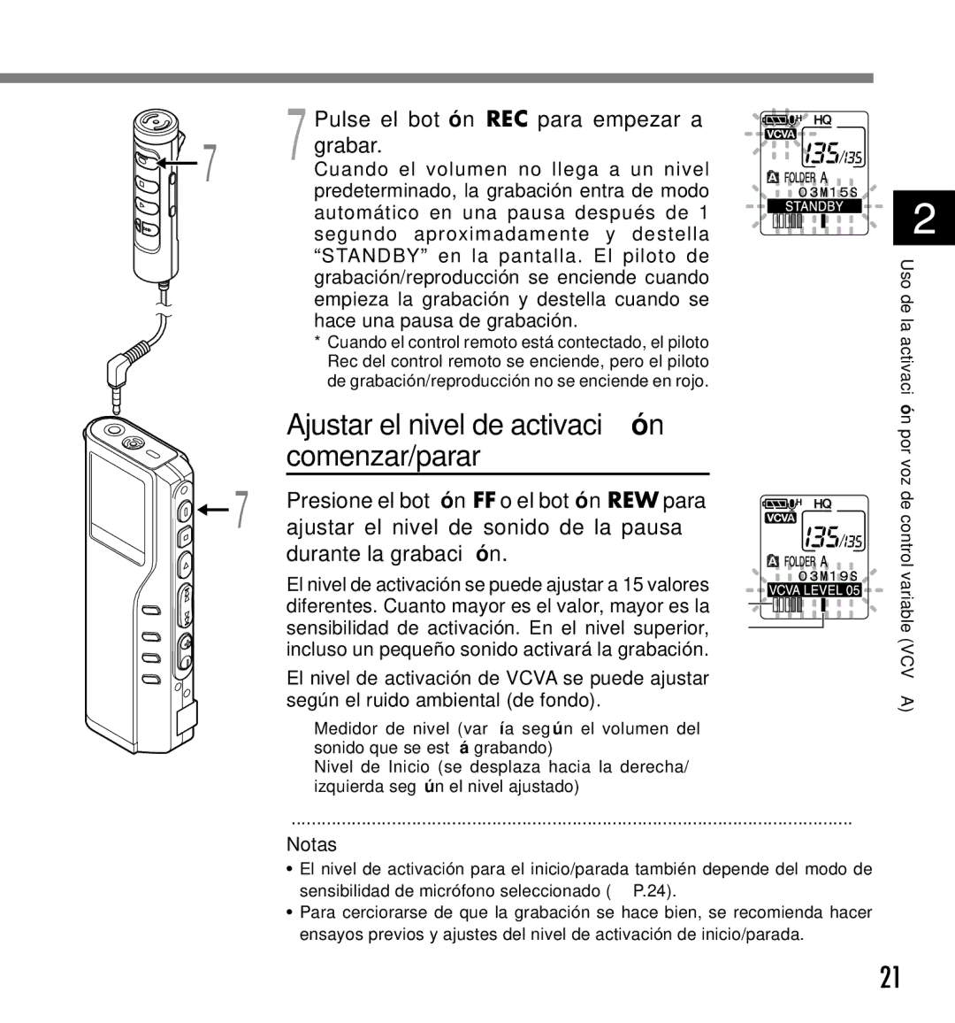 Olympus DM-20, DM-10 manual Ajustar el nivel de activación comenzar/parar, Pulse el botón REC para empezar a grabar 