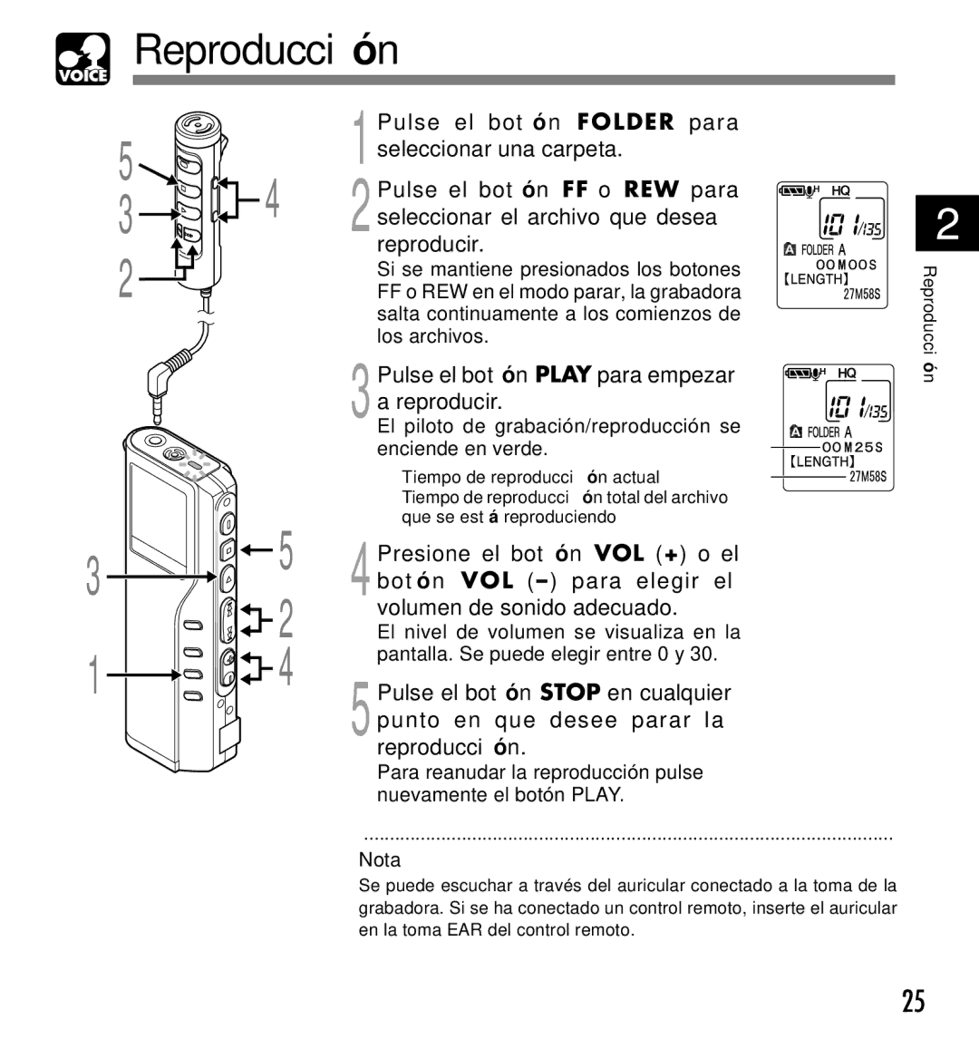 Olympus DM-20, DM-10 manual Reproducción, Pulse el botón Play para empezar Reproducir 