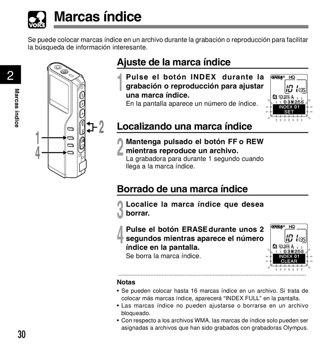 Olympus DM-10, DM-20 Marcas índice, Ajuste de la marca índice, Localizando una marca índice, Borrado de una marca índice 