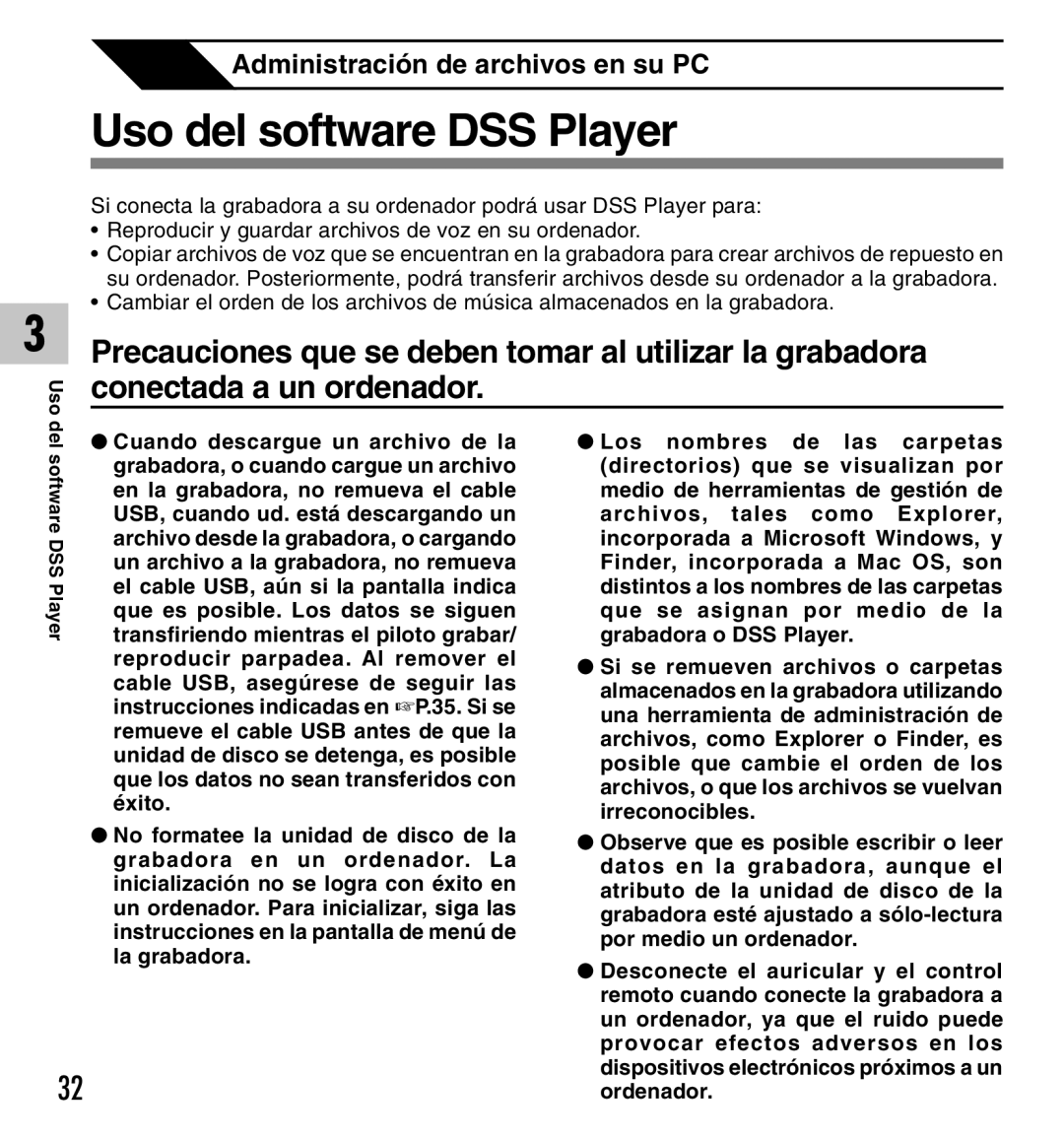 Olympus DM-10, DM-20 manual Uso del software DSS Player 