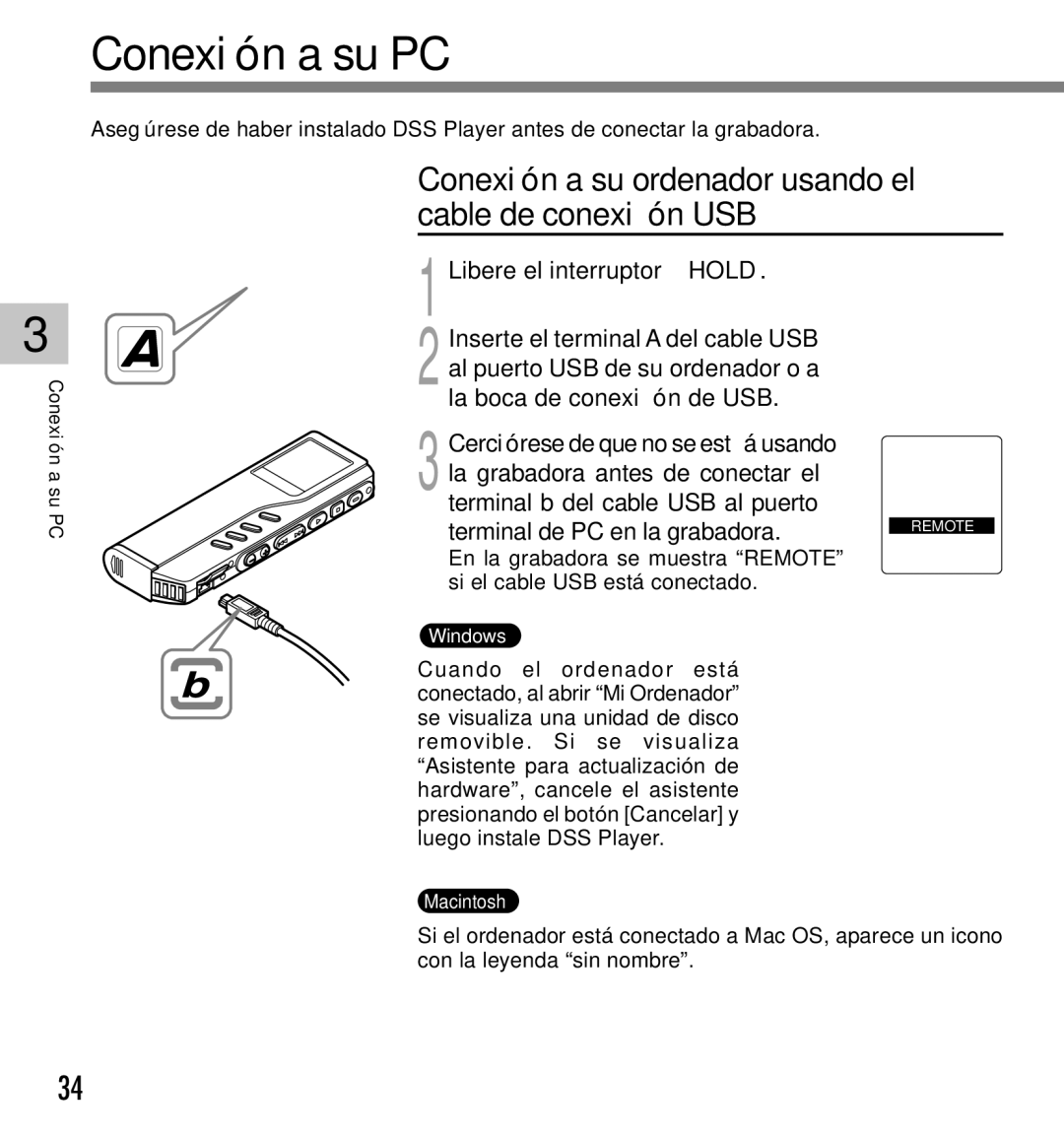 Olympus DM-10, DM-20 manual Conexión a su PC, Conexión a su ordenador usando el cable de conexión USB 