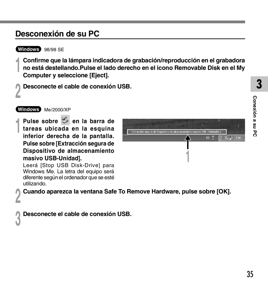 Olympus DM-20, DM-10 manual Desconexión de su PC, Pulse sobre En la barra de, Tareas ubicada en la esquina 