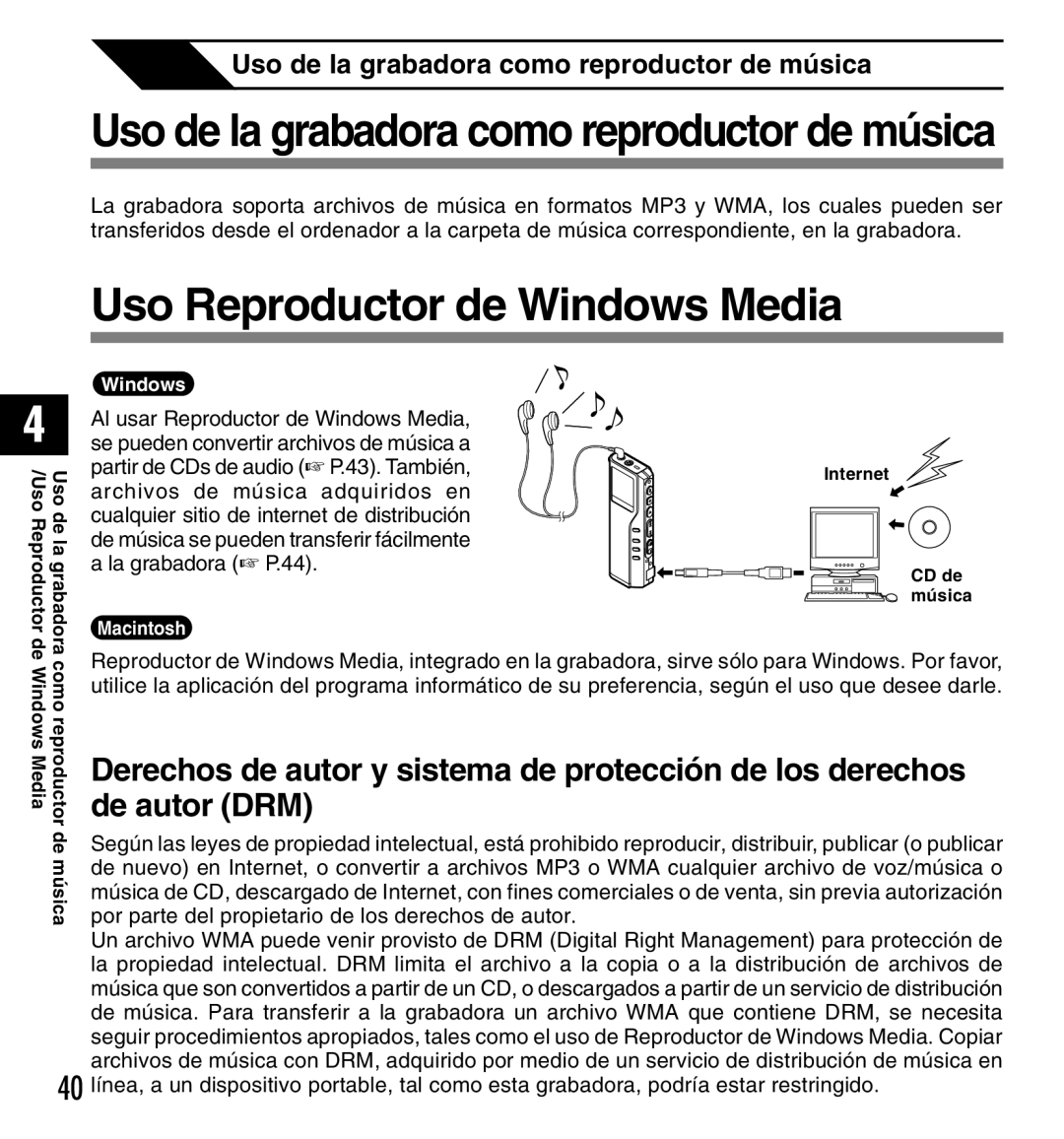 Olympus DM-10, DM-20 manual Uso Reproductor de Windows Media, Uso de la grabadora como reproductor de música 