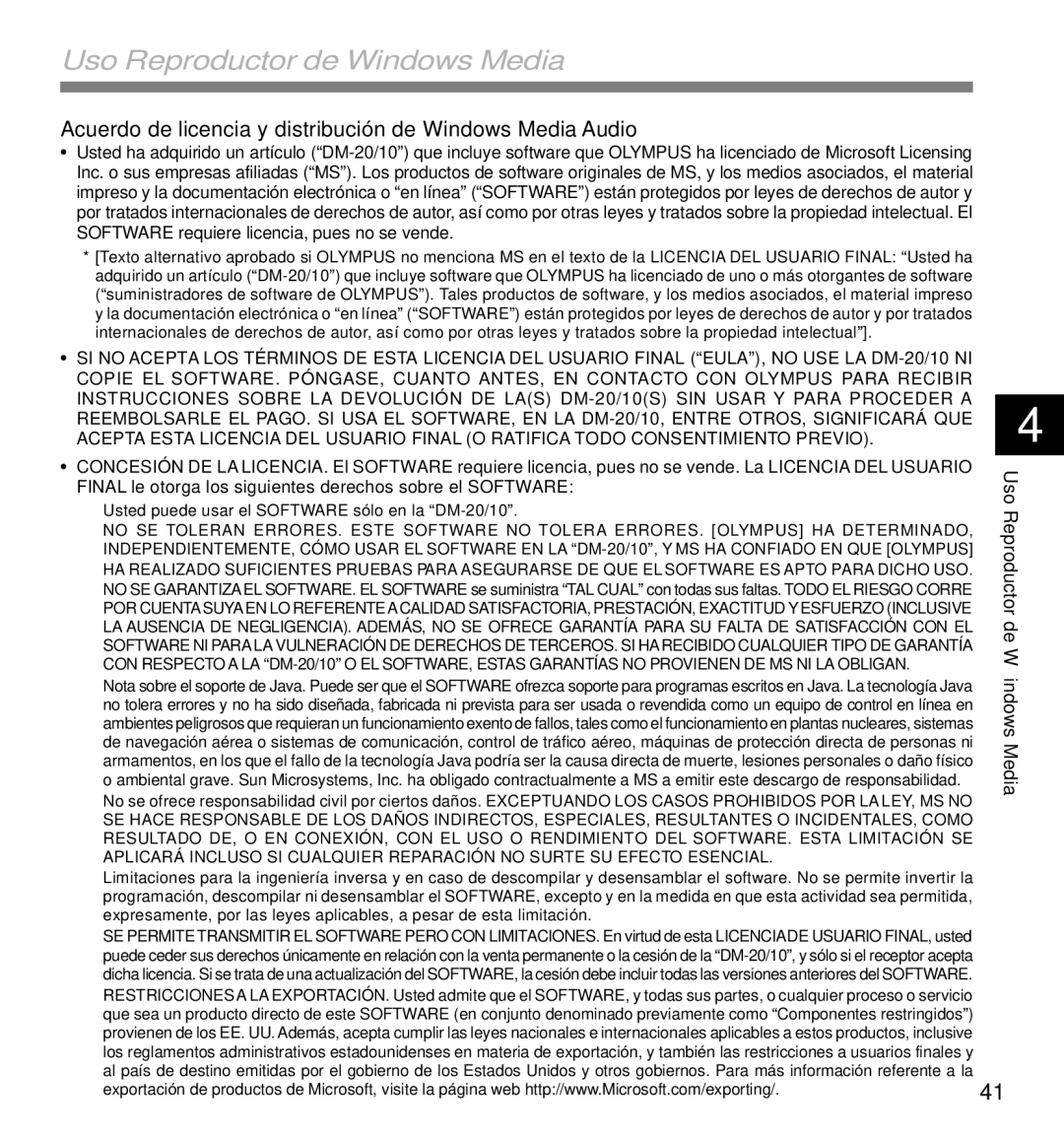 Olympus DM-20, DM-10 manual Uso Reproductor de Windows Media, Acuerdo de licencia y distribución de Windows Media Audio 